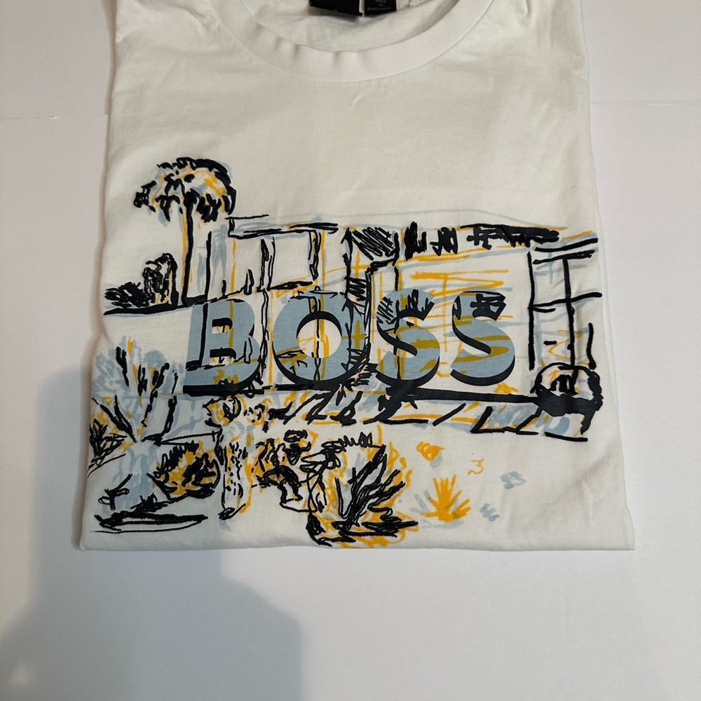 Boss White T-Shirt with Yellow and Black Graphic